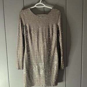 Sparkle Sequin Long Sleeve Shift Dress - Taupe